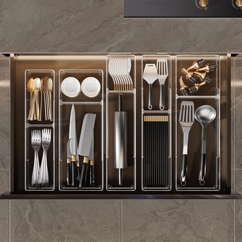 Органайзер за чекмеджета с подвижна преграда; прозрачен PET; подов монтаж; едно ниво; персонализиран