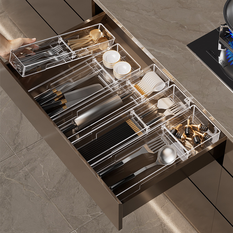 Органайзер за чекмеджета с подвижна преграда; прозрачен PET; подов монтаж; едно ниво; персонализиран