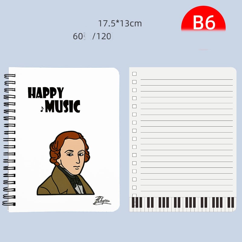 Natų sąsiuvinis, kūrybinga fortepijono klaviatūra, natos, geležinis žiedas, paprastas ir gaivus japoniško stiliaus mokinių sąsiuvinis