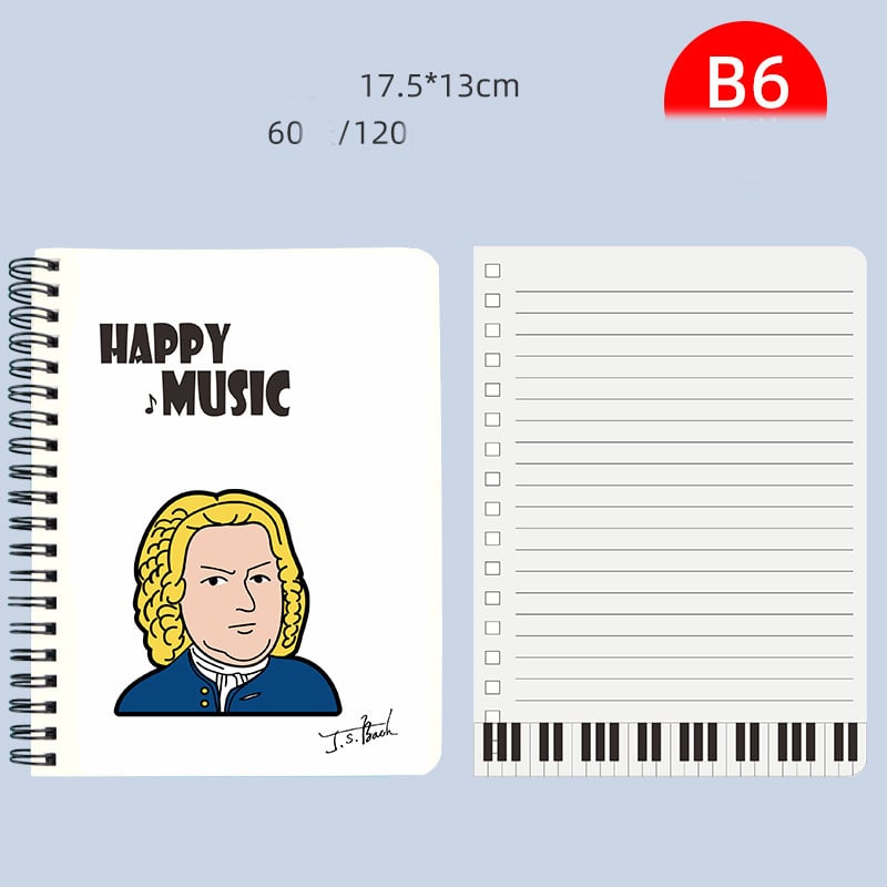 Natų sąsiuvinis, kūrybinga fortepijono klaviatūra, natos, geležinis žiedas, paprastas ir gaivus japoniško stiliaus mokinių sąsiuvinis