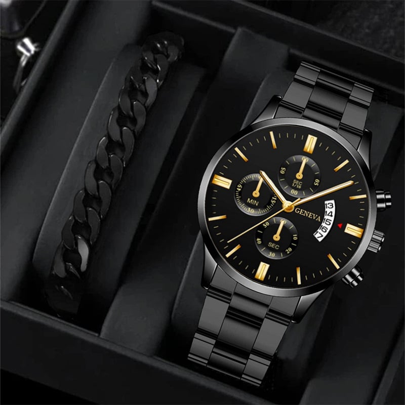 Най-продаван комплект от 2 мъжки часовника и гривна, стилен и висок клас мъжки аналогов кварцов часовник със светещ механизъм.
