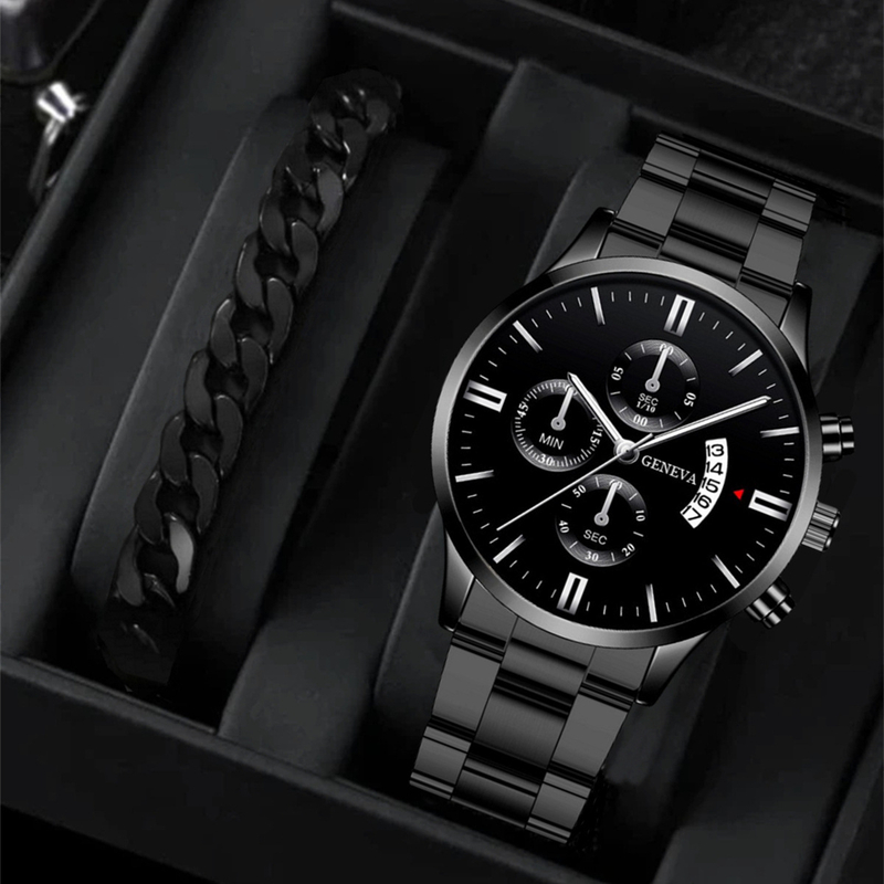 Най-продаван комплект от 2 мъжки часовника и гривна, стилен и висок клас мъжки аналогов кварцов часовник със светещ механизъм.