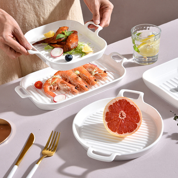 Portselininė kvadratinė kepimo skarda su viena rankena, vientisas raštas, mikrobangų krosnelėje tinkama