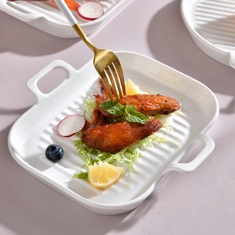 Portselininė kvadratinė kepimo skarda su viena rankena, vientisas raštas, mikrobangų krosnelėje tinkama