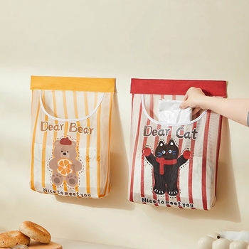 Tinkle montuojama sieninė laikymo kišenė šiukšlių maišiams, virtuvėje, mielas cartoon stilius, daugiafunkcinis organizatorius.