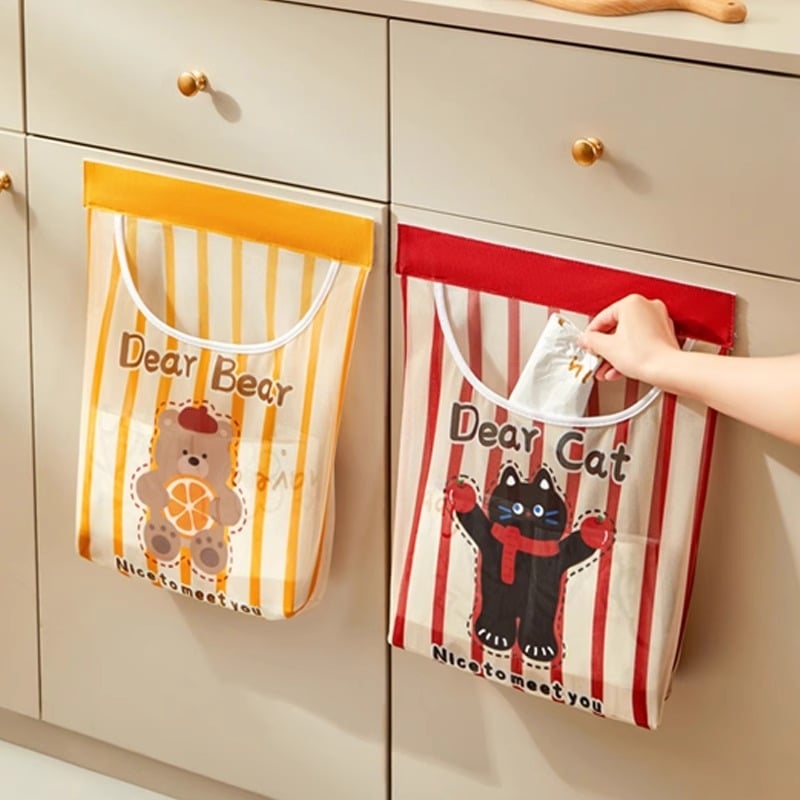 Tinkle montuojama sieninė laikymo kišenė šiukšlių maišiams, virtuvėje, mielas cartoon stilius, daugiafunkcinis organizatorius.