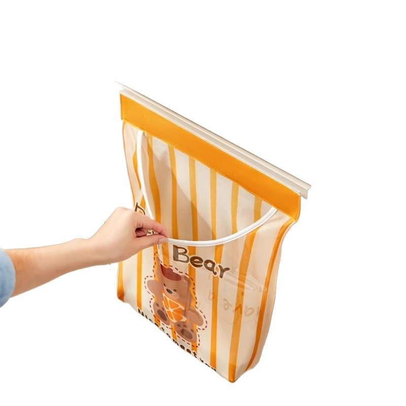 Tinkle montuojama sieninė laikymo kišenė šiukšlių maišiams, virtuvėje, mielas cartoon stilius, daugiafunkcinis organizatorius.