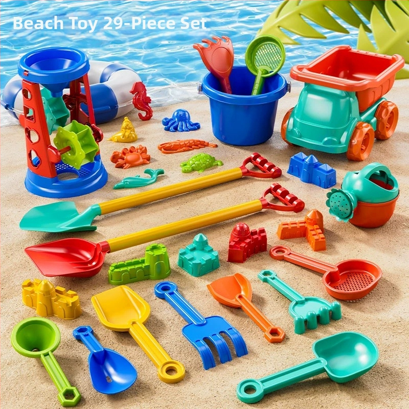 Bērnu pludmales spēļu komplekts ar auto un spēlēm smiltīs un sniegā; plastmasas konstrukcija, vecuma diapazons 4–6 gadi, iekļauts spaiņš un lāpstiņa