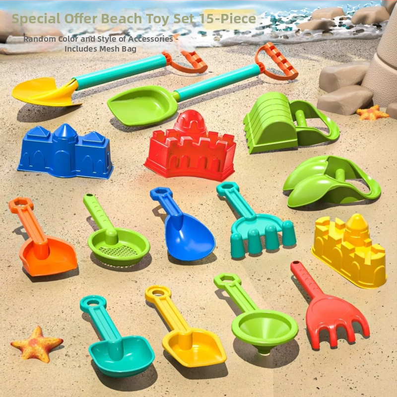 Bērnu pludmales spēļu komplekts ar auto un spēlēm smiltīs un sniegā; plastmasas konstrukcija, vecuma diapazons 4–6 gadi, iekļauts spaiņš un lāpstiņa