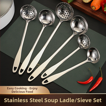 Nerūdijančio plieno sriubos šaukštas ir sietelis – storesnė konstrukcija, aukštos temperatūros atsparumas, rankena ir šaukštas iš nerūdijančio plieno, logotipo spausdinimas, pritaikymas galimas