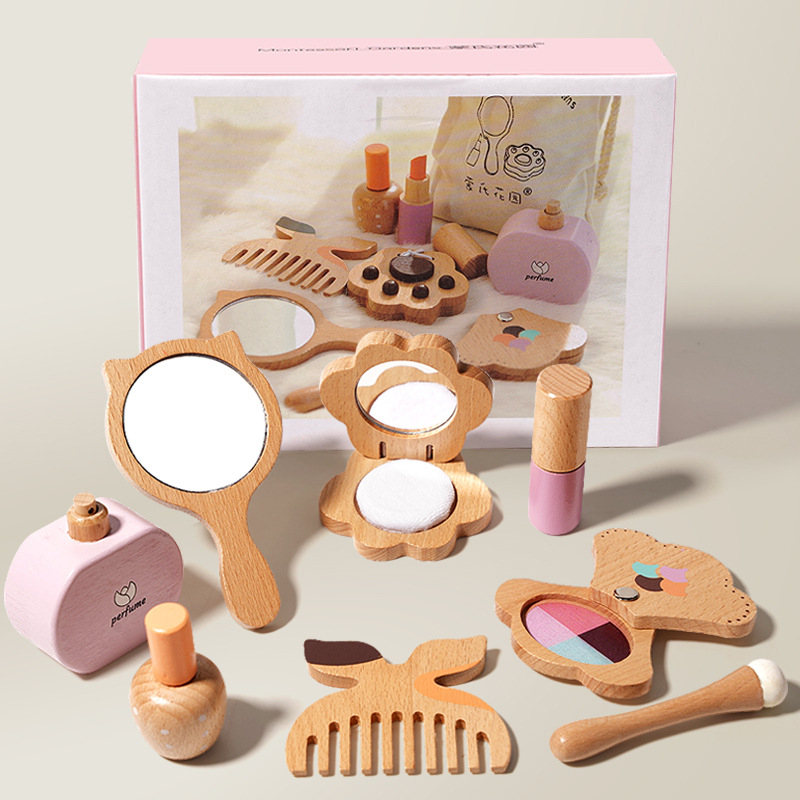 Дървен комплект за игра на грим и тоалетна за момичета — комплект чанти за грим с принцеса, кутия за бижута и чанта за фризьорство, образователна играчка за деца 4–6 години