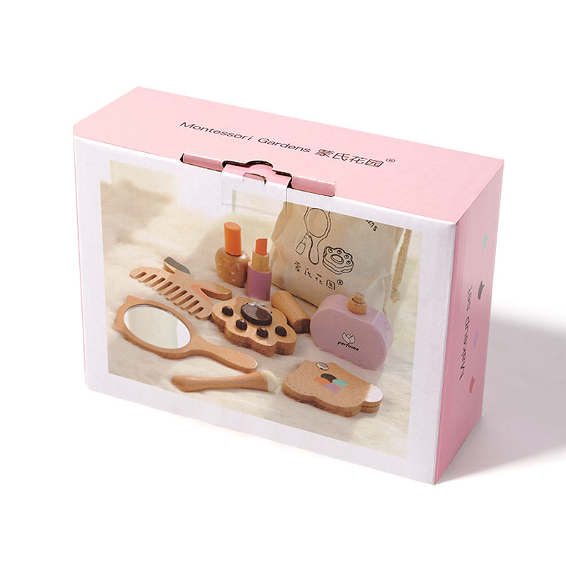 Дървен комплект за игра на грим и тоалетна за момичета — комплект чанти за грим с принцеса, кутия за бижута и чанта за фризьорство, образователна играчка за деца 4–6 години