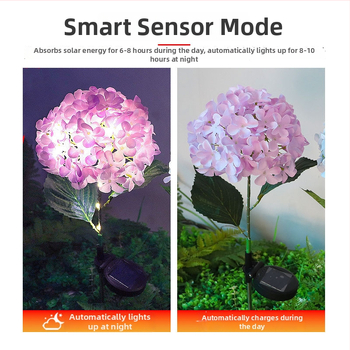 Соларна лампа във формата на хидрангия за градина, LED осветление, IP65, индикативен превключвател, 1.2W, 6–12 ч работа