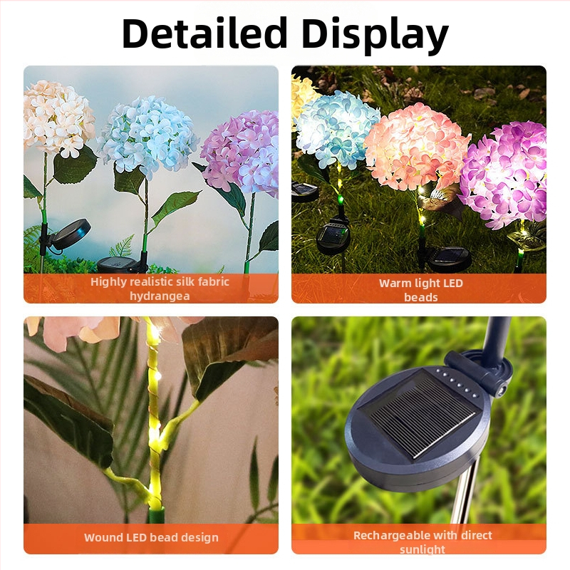 Соларна лампа във формата на хидрангия за градина, LED осветление, IP65, индикативен превключвател, 1.2W, 6–12 ч работа