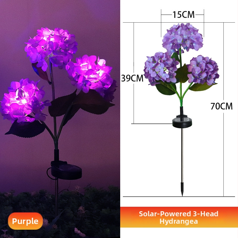 Соларна лампа във формата на хидрангия за градина, LED осветление, IP65, индикативен превключвател, 1.2W, 6–12 ч работа