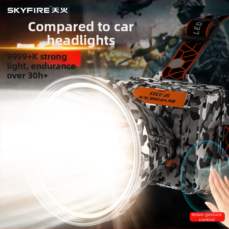 Aliuminio lydinio galvos žibintas, LED šviesa, įkraunama 9000 mAh baterija, rankinis generatorius, tinkamas žygiams, stovyklavietėms, paieškai ir naktiniam žvejybai, spindulio nuotolis iki 500 m