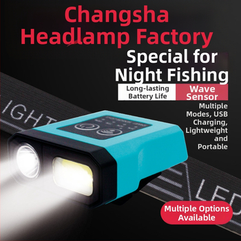 Naktinei žvejybai galvos žibintuvas - įkraunama LED, indukcinis jungiklis, lengvas plastikinis korpusas, veikimo atstumas iki 200–500 m