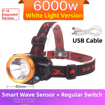 Naktinei žvejybai galvos žibintuvas - įkraunama LED, indukcinis jungiklis, lengvas plastikinis korpusas, veikimo atstumas iki 200–500 m