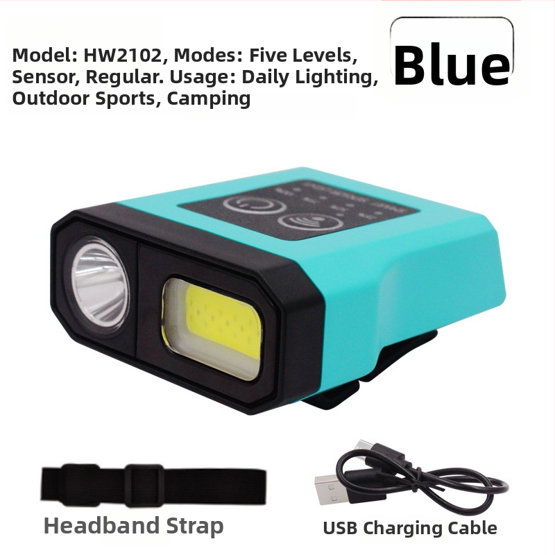 Naktinei žvejybai galvos žibintuvas - įkraunama LED, indukcinis jungiklis, lengvas plastikinis korpusas, veikimo atstumas iki 200–500 m