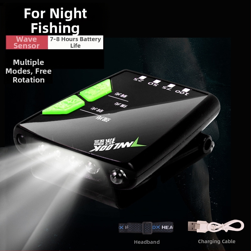 Naktinei žvejybai galvos žibintuvas - įkraunama LED, indukcinis jungiklis, lengvas plastikinis korpusas, veikimo atstumas iki 200–500 m