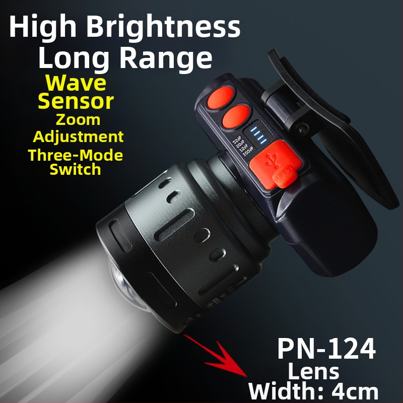 Naktinei žvejybai galvos žibintuvas - įkraunama LED, indukcinis jungiklis, lengvas plastikinis korpusas, veikimo atstumas iki 200–500 m