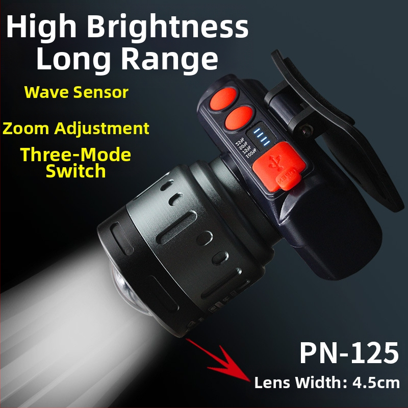 Naktinei žvejybai galvos žibintuvas - įkraunama LED, indukcinis jungiklis, lengvas plastikinis korpusas, veikimo atstumas iki 200–500 m