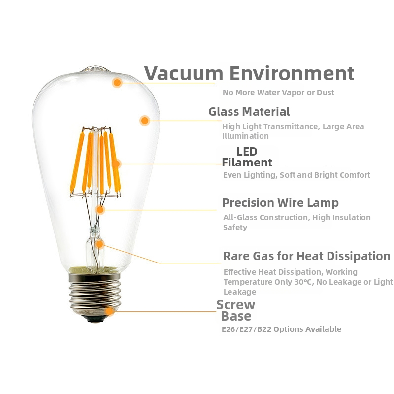 Edison LED filamentspuldze E27 ST64, 220V, 480 lm, 360° gaismas leņķis, ar regulējamu spilgtumu