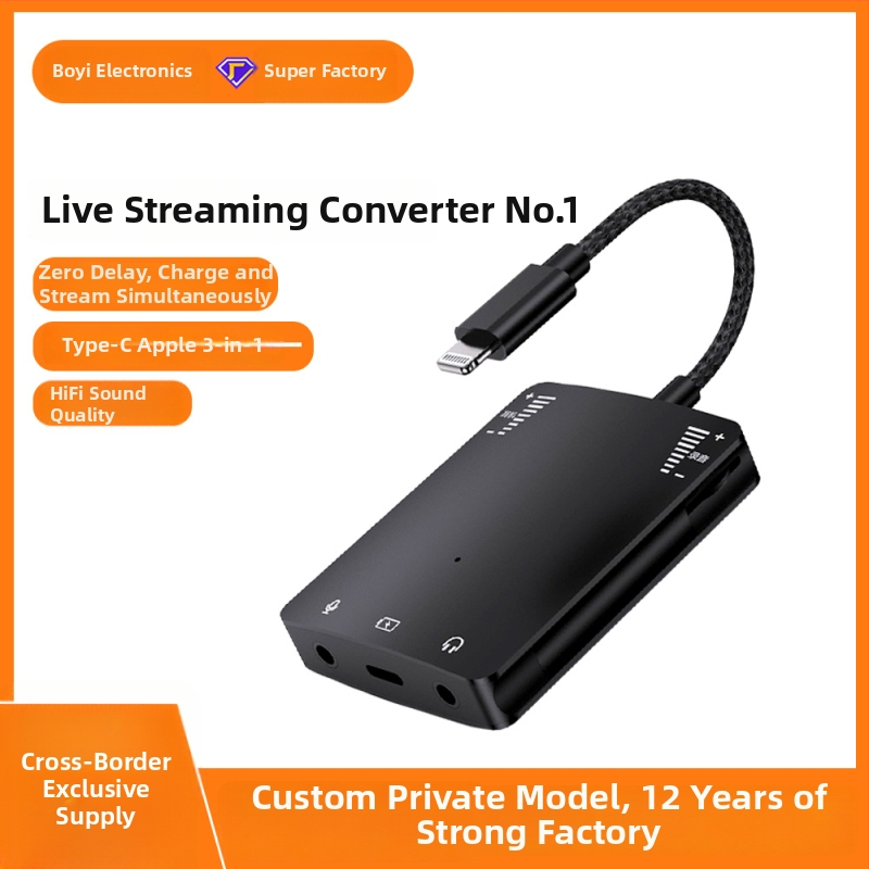 Type-C garso kortų adapteris tiesioginei transliacijai – suderinamas su Apple, Xiaomi ir Huawei; dekodavimo lustas; PD greitas įkrovimas; modelis BK-080; ilgis 50 cm