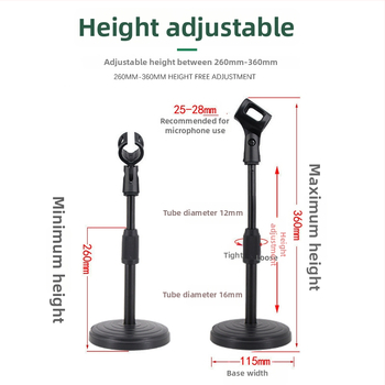 Stalo mikrofono stovas su sunkia metalo disko pagrindu, reguliuojamas aukštis, kompatibilus su kondensatoriaus mikrofonu, MILESNG ZM02