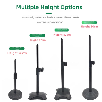 Stalo laikiklis telefonui ir mikrofonui su reguliuojamu apšvietimu tiesioginiams transliavimams, apvalios diskos pagrindas, metalinė vamzdinė konstrukcija.