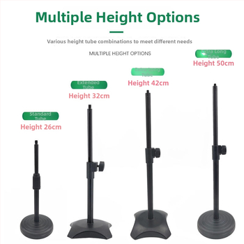 Stalo laikiklis telefonui ir mikrofonui su reguliuojamu apšvietimu tiesioginiams transliavimams, apvalios diskos pagrindas, metalinė vamzdinė konstrukcija.