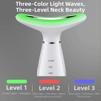 Kaklo grožio prietaisas su veido masažu, pakėlimu ir šildymu; ultragarsinė ir spalvų šviesos terapija; neigiamų ir teigiamų jonų jonoterapija; įmontuota baterija 500–800 mAh