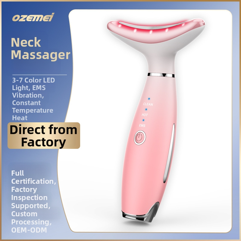 Kaklo grožio prietaisas su veido masažu, pakėlimu ir šildymu; ultragarsinė ir spalvų šviesos terapija; neigiamų ir teigiamų jonų jonoterapija; įmontuota baterija 500–800 mAh