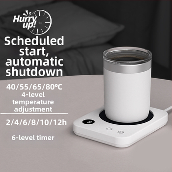 Kavos puodelio šildymo padėklas su 4 temperatūros režimais iki 80°C, prisilietimo valdymas, kintamosios srovės maitinimas, automatinis išjungimas