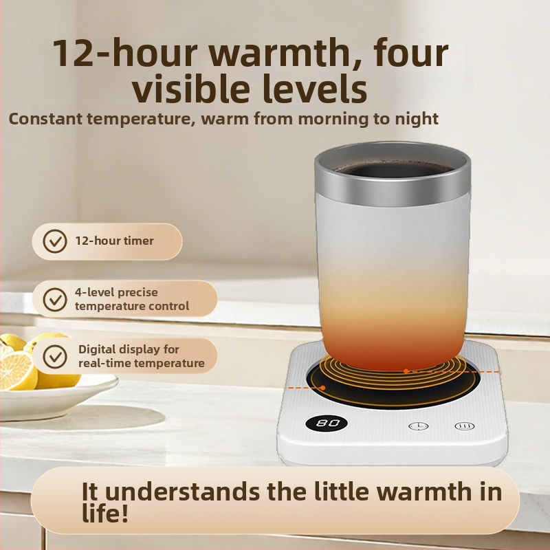 Kavos puodelio šildymo padėklas su 4 temperatūros režimais iki 80°C, prisilietimo valdymas, kintamosios srovės maitinimas, automatinis išjungimas