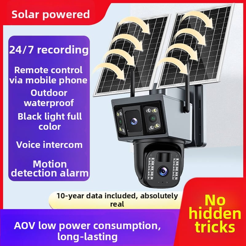 Napelemes kültéri kamera éjszakai látással, SNR >60, 0,01 lux minimális megvilágítás, -20–55°C működési hőmérséklet, 5V tápegység