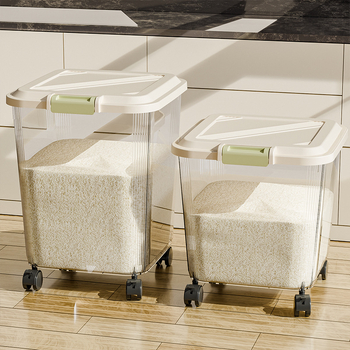 Кутия за съхранение на ориз с уплътнение, устойчива на влага и защита срещу насекоми; пластмаса (PP); капацитет 10 л и повече; възможност за печат на лого.