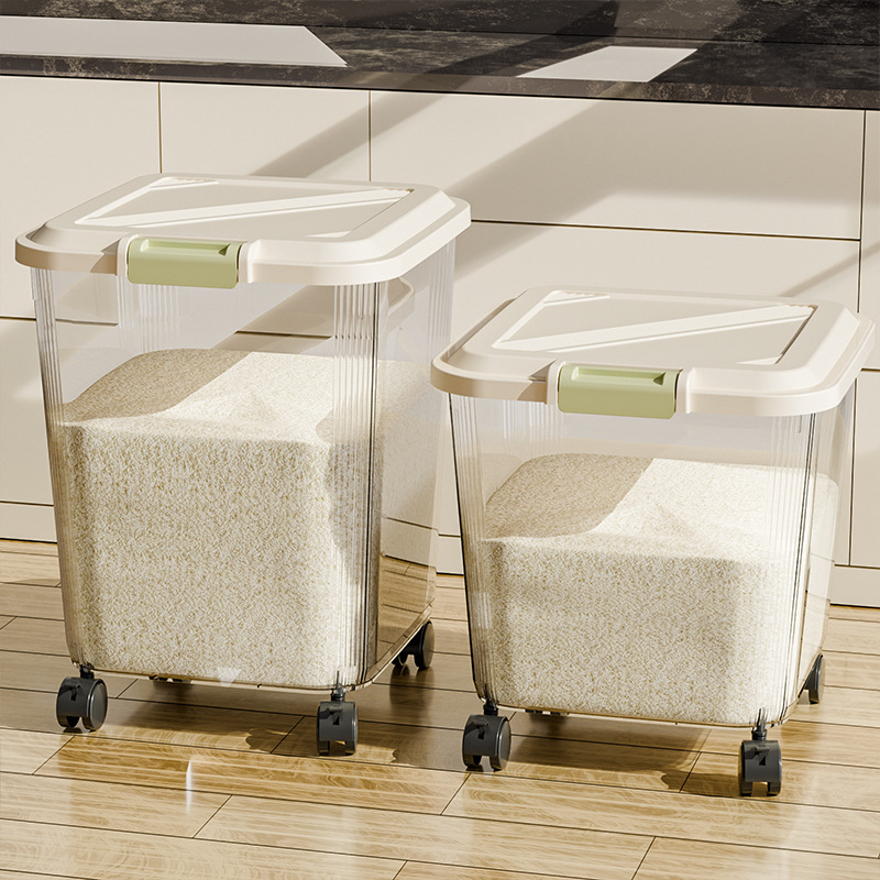 Кутия за съхранение на ориз с уплътнение, устойчива на влага и защита срещу насекоми; пластмаса (PP); капацитет 10 л и повече; възможност за печат на лого.