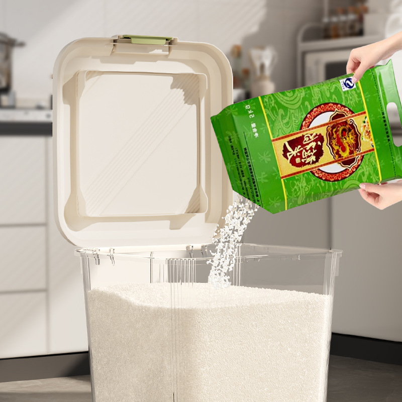 Кутия за съхранение на ориз с уплътнение, устойчива на влага и защита срещу насекоми; пластмаса (PP); капацитет 10 л и повече; възможност за печат на лого.