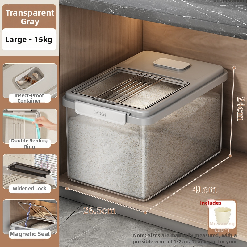 Riisihoidik kaanega; toidukvaliteediga PP-plastikust; suletud, niiskuskindel ja putukaitse; Mu Ming