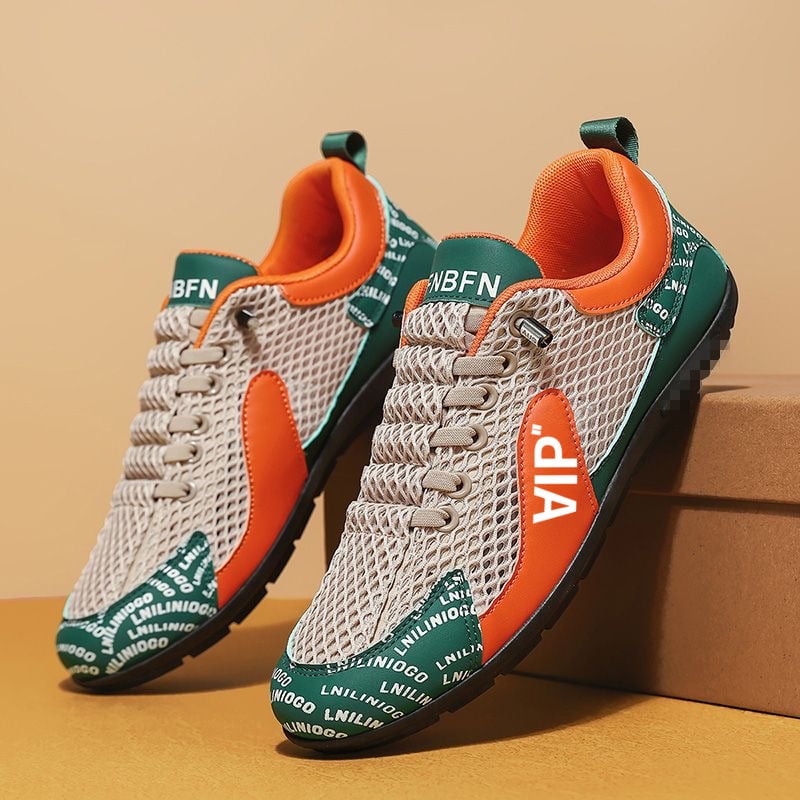 Férfi Slip-On Cipő, Légáteresztő Hálós Felsővel (Bőr + Háló), Alacsony Profil, Kerek Orr, PVC Talp