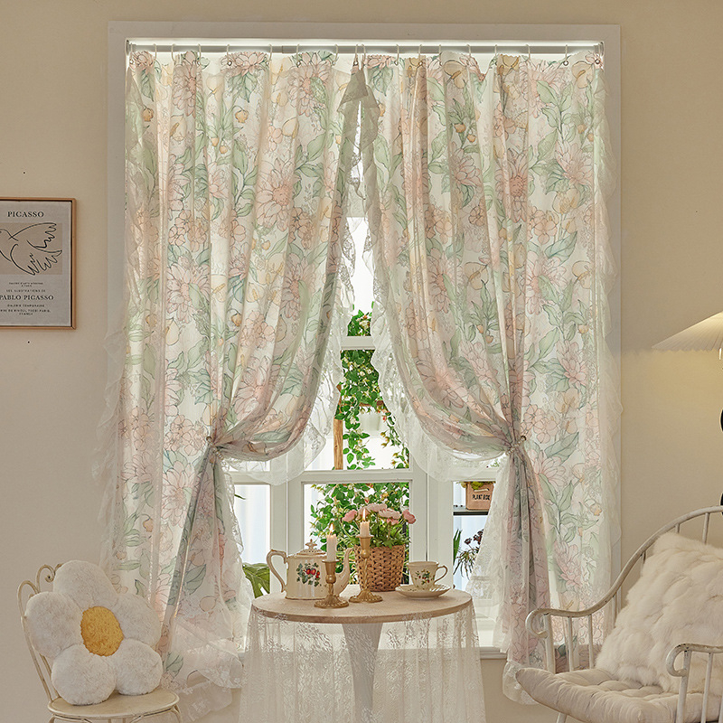 Polüesterist kardina dekoratiivse pitsiga, 40–70% varjutus, kohandatav magamistoale ja tööruumile.