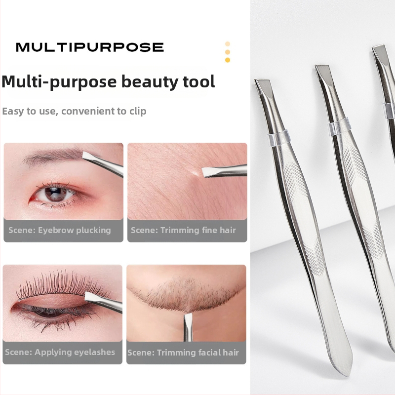 Jiaoposi roostevabast terasest kulmupincetid, lame suu ja kalletud lõugadega, karvade tõmbamiseks ja kunstlike ripsmete harjamiseks — meigitarbed