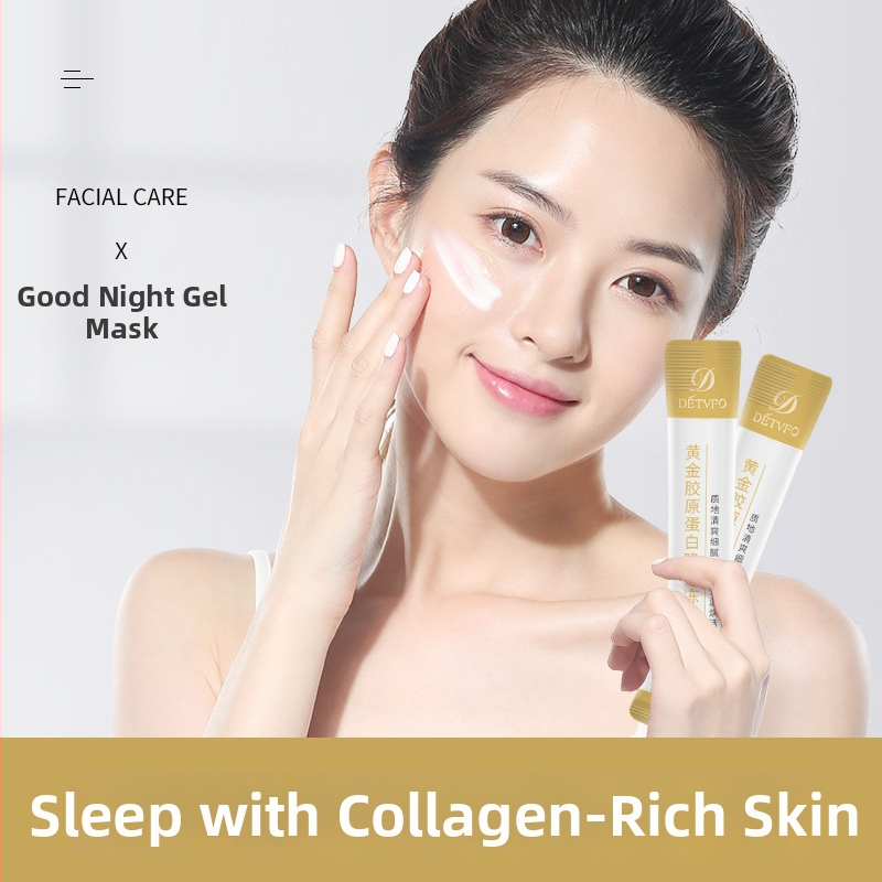 Dedeviv Zelta kolagēna nakts mitrinošā maska — gel-filmas maska bez skalošanas, individuāli iepakota; hidrolizēts kolagēns, zīda proteīns, zelts