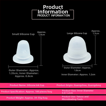 Siliconinis U formos tatuiruočių pigmentų puodelis, skirtas antakiams, akims ir lūpoms; pakuotė 500 vnt