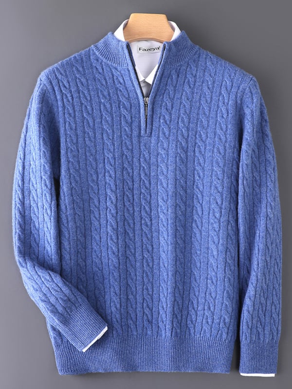 Vyrų storos vilnos megztinis su pusaukščiu kaklu ir užtrauktuku, jacquard raštas