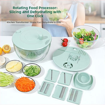 Daugiafunkcinis daržovių pjaustytuvas su rankiniu besisukančiu nusausinimo krepšeliu, PET/ABS medžiaga, logotipo spausdinimas įmanomas, pradėta 2024 m.