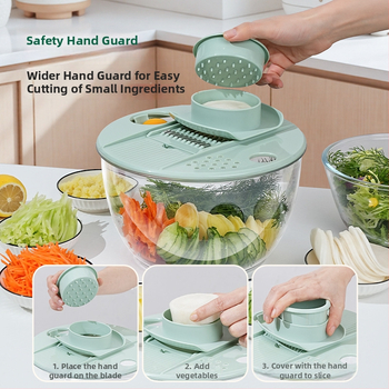 Daugiafunkcinis daržovių pjaustytuvas su rankiniu besisukančiu nusausinimo krepšeliu, PET/ABS medžiaga, logotipo spausdinimas įmanomas, pradėta 2024 m.