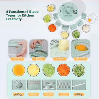 Daugiafunkcinis daržovių pjaustytuvas su rankiniu besisukančiu nusausinimo krepšeliu, PET/ABS medžiaga, logotipo spausdinimas įmanomas, pradėta 2024 m.