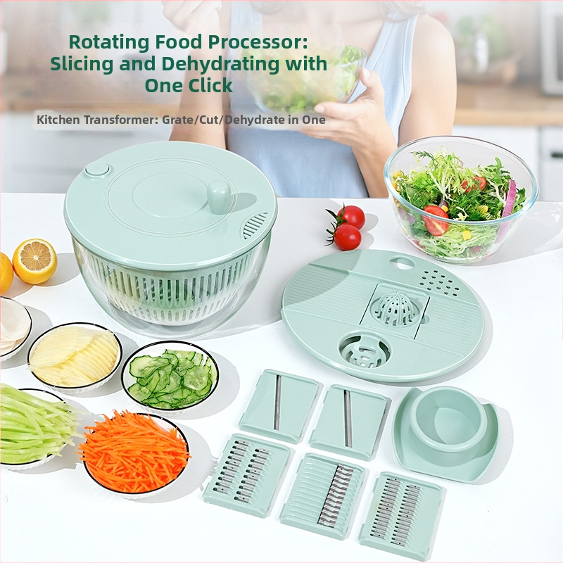 Daugiafunkcinis daržovių pjaustytuvas su rankiniu besisukančiu nusausinimo krepšeliu, PET/ABS medžiaga, logotipo spausdinimas įmanomas, pradėta 2024 m.